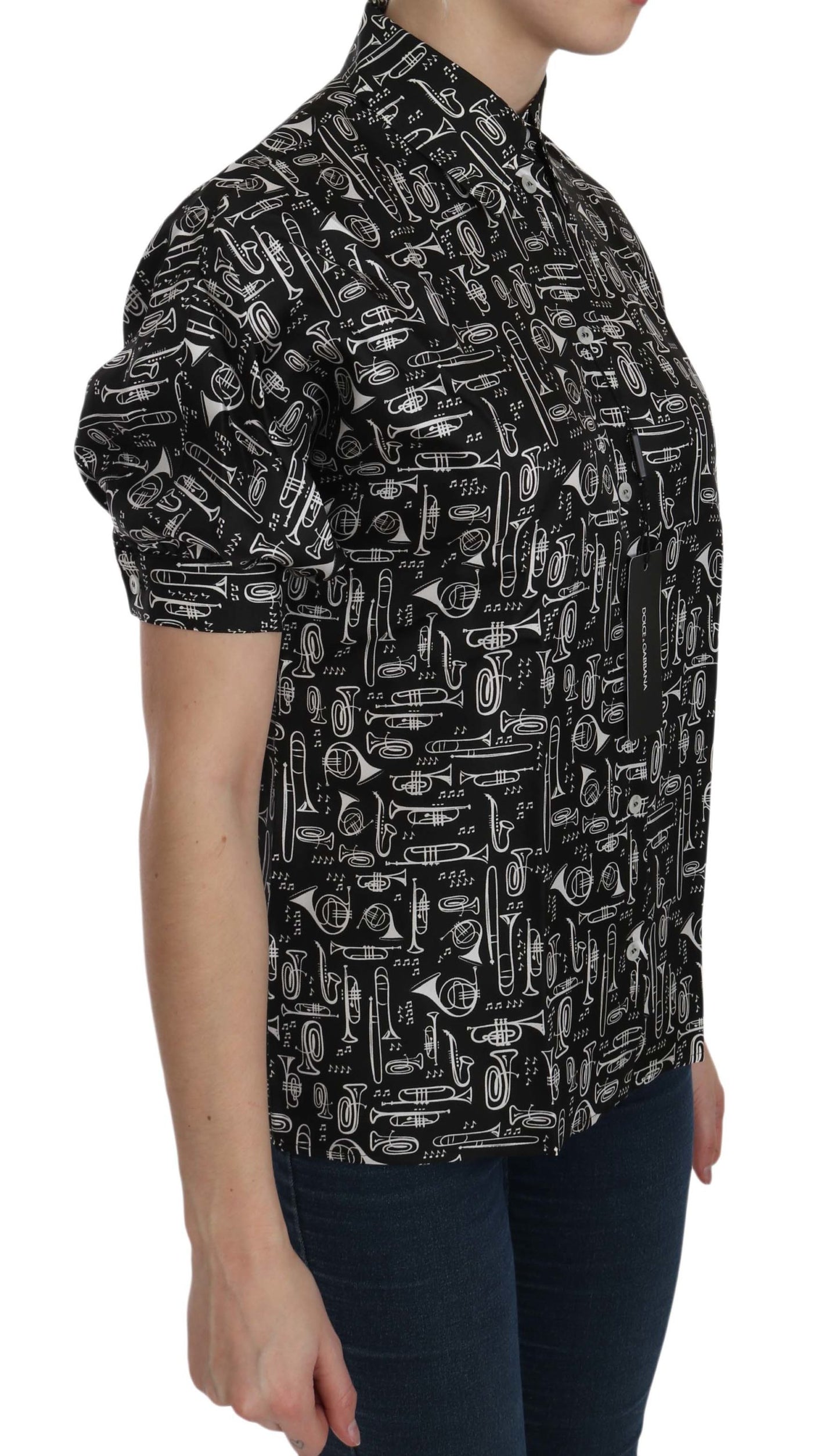 Dolce & Gabbana – Schwarze Bluse mit Kragen und Musikinstrumentenmotiv
