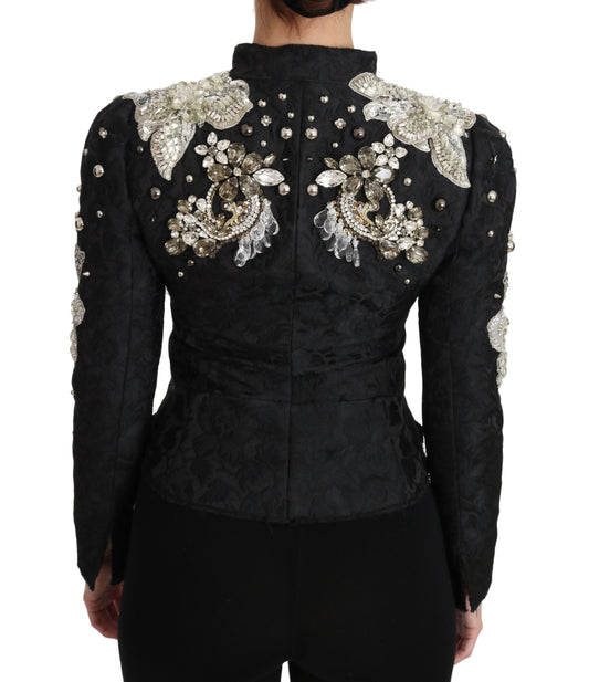 Dolce & Gabbana Schwarze Jacquard-Jacke mit Kristallblumenmuster