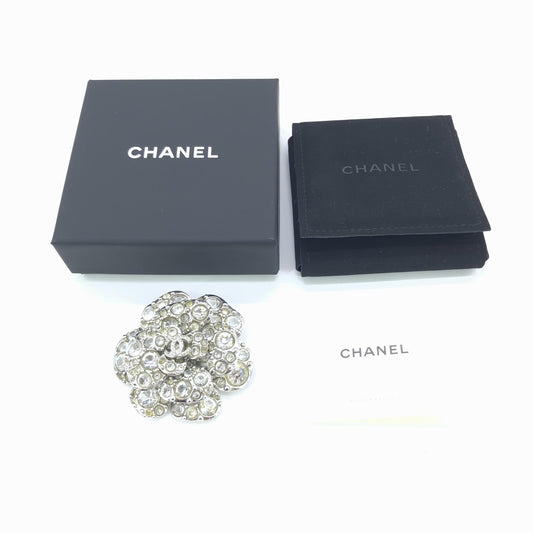Chanel Silver Crystal Camellia Flower Brooch