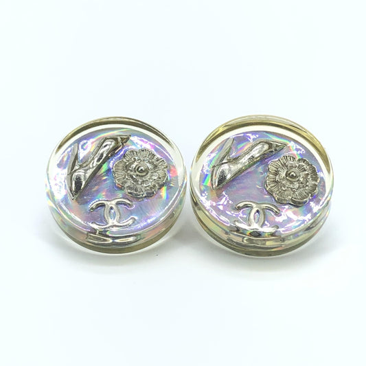 Chanel Vintage Holographic Logo Clip-On Earrings