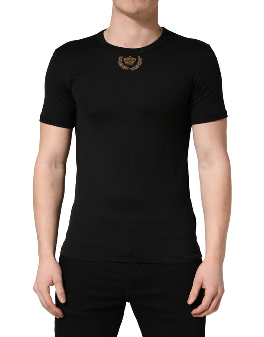 Dolce & Gabbana Black Crown Embroidery Men Crew Neck T-shirt