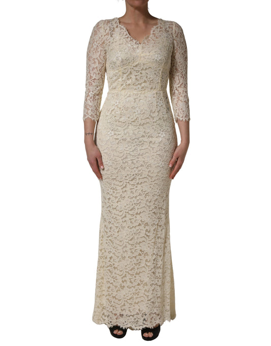 Dolce & Gabbana Off White Floral Lace Sheath Maxi Dress