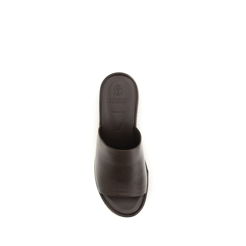 Brunello Cucinelli Brown Calf Leather Bos Taurus Platform Sandals