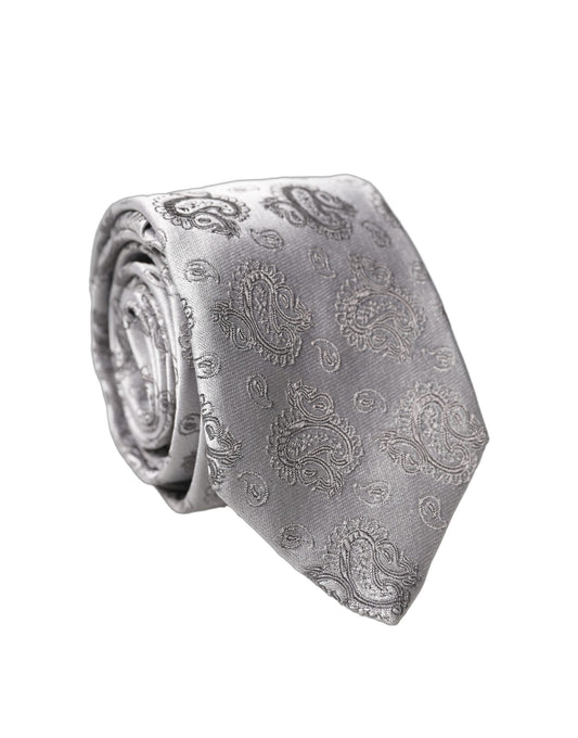 Dolce & Gabbana Silver Gray Paisley Silk Adjustable Men Tied Necktie Tie