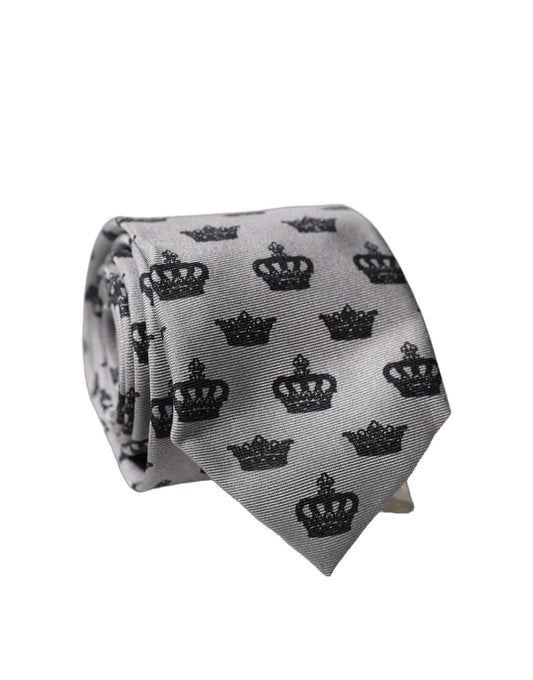 Dolce & Gabbana Gray Crown Fantasy Silk Adjustable Men Tied Necktie Tie