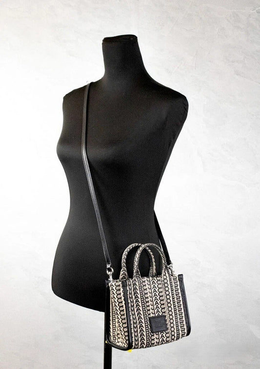 Marc Jacobs The Monogram Beige Mini Tote Woven Jacquard Canvas Crossbody Handbag