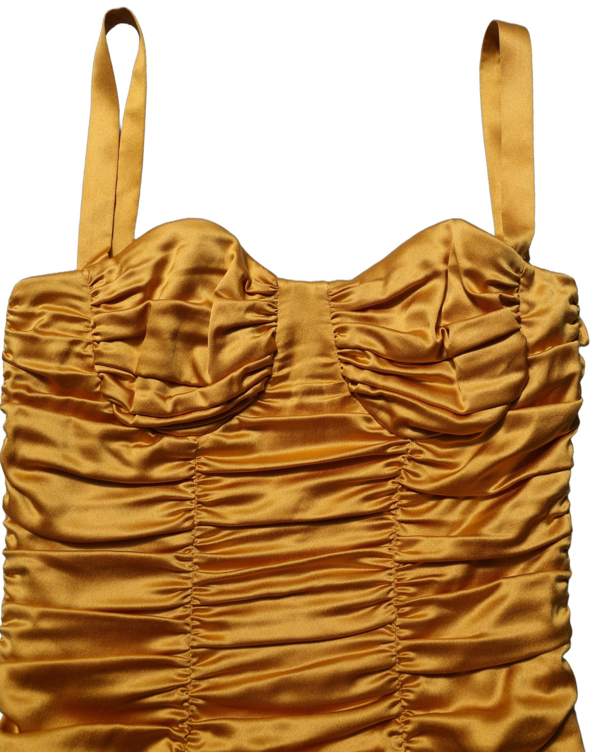 Dolce & Gabbana goldenes gerüschtes Bodycon-Midi-Kleid aus Seide