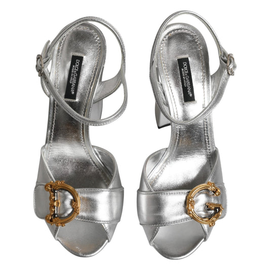 Dolce & Gabbana Silver Logo Ankle Strap Heels Sandals Shoes