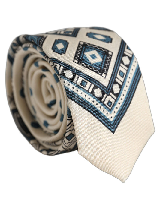 Dolce & Gabbana Men Off White Blue Geometric Adjustable Tied Necktie Tie