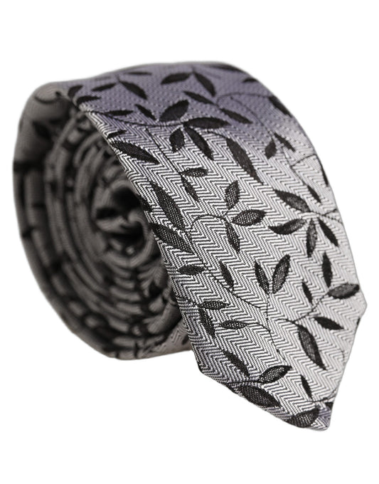 Dolce & Gabbana Men Gray Leaf Pattern Silk Adjustable Tied Necktie Tie