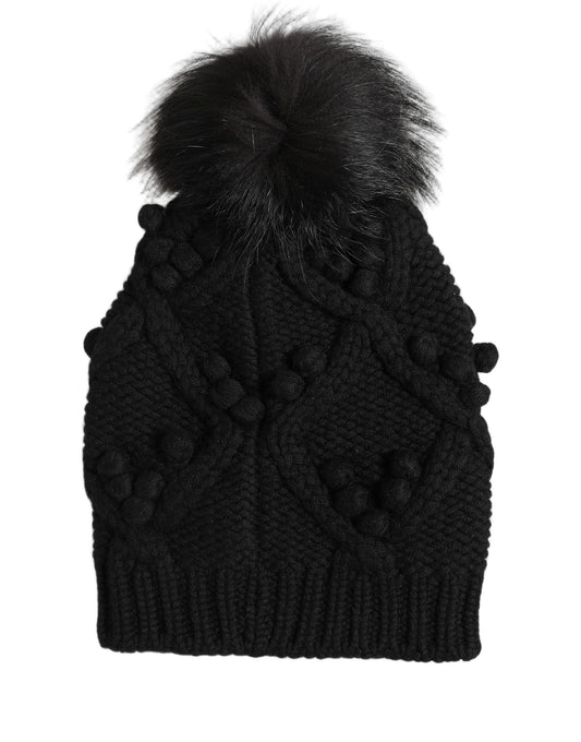 Dolce & Gabbana Black Cashmere Knitted Fur Pom-Pom Beanie One Size Hat