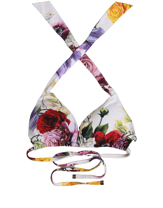 Dolce & Gabbana White Floral Print Triangle Beachwear Bikini Top