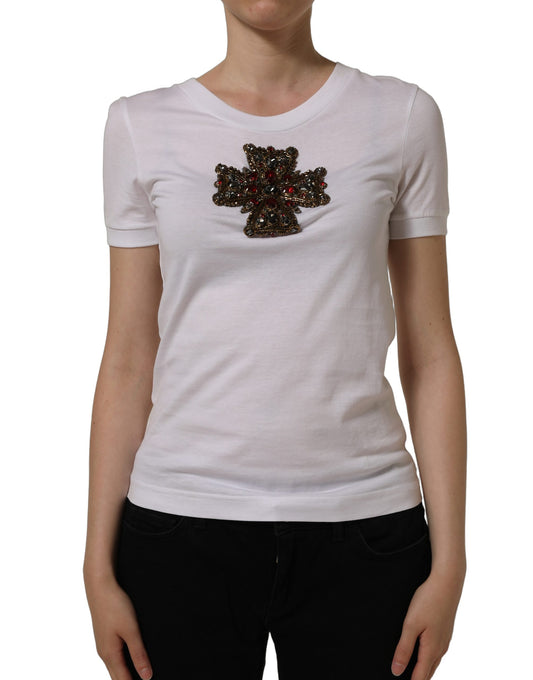 Dolce & Gabbana White Crystal Embellished Cross Top T-shirt