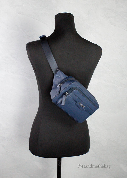 Michael Kors Cooper Small Navy Blue Smooth Leather Double Zip Belt Bag
