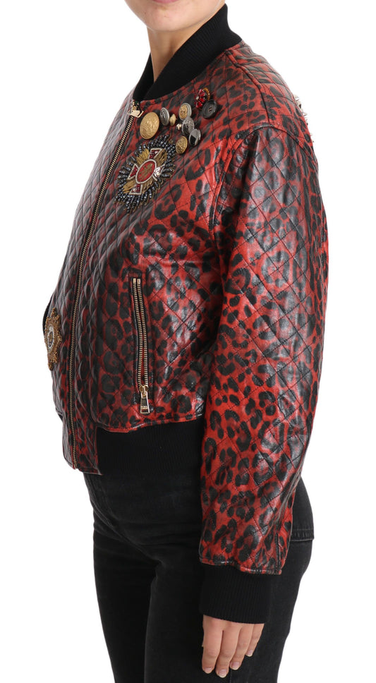 Dolce & Gabbana Rote Lederjacke mit Leopardenmuster und Kristallknöpfen