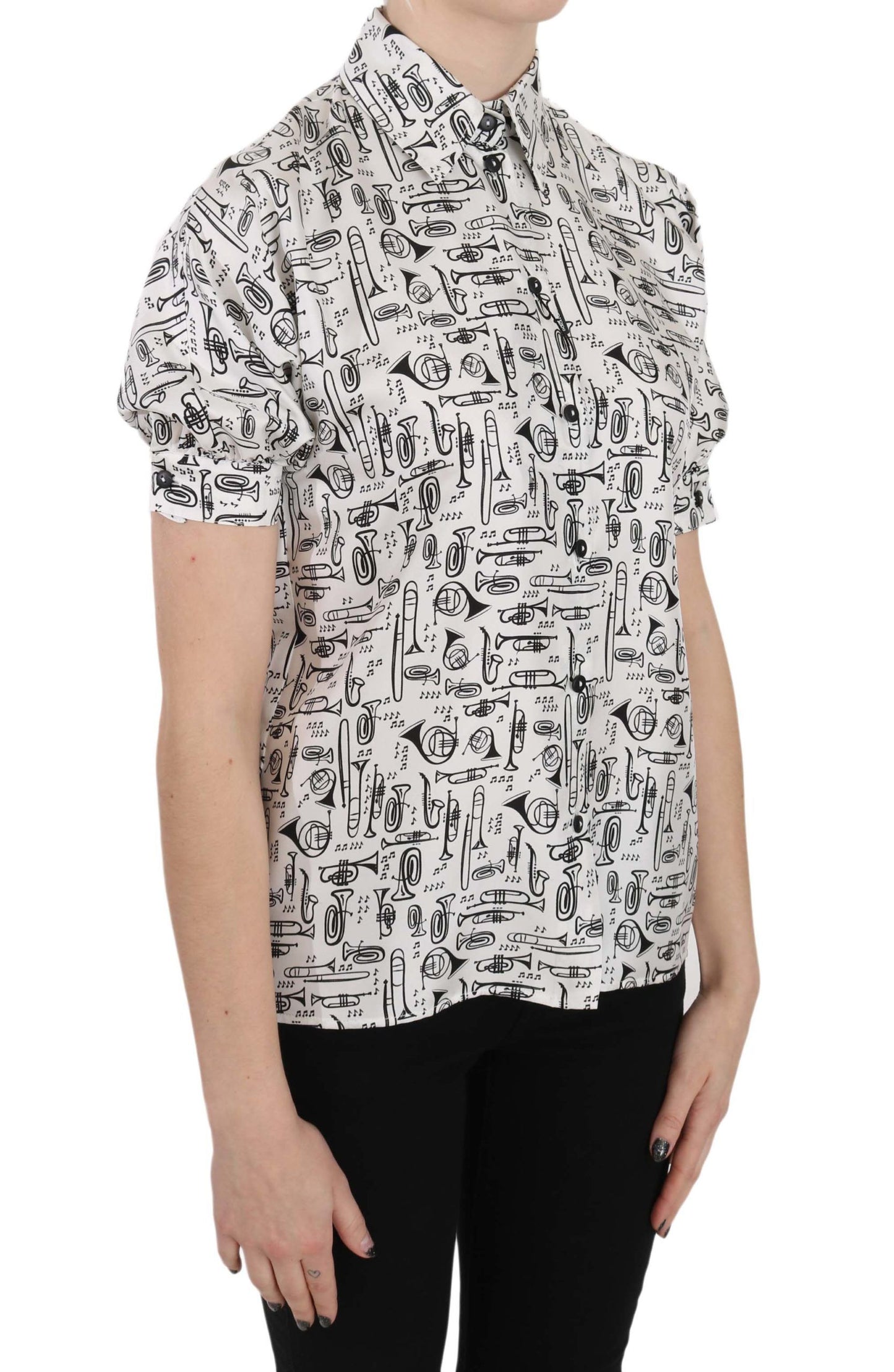 Dolce & Gabbana – Seidenbluse mit Trompetendruck und Knopfleiste vorne