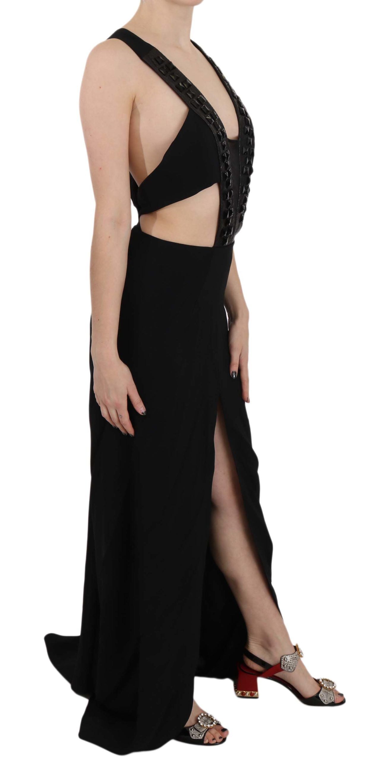 John Richmond – Schwarzes, ausgestelltes Kleid aus Kristallleder