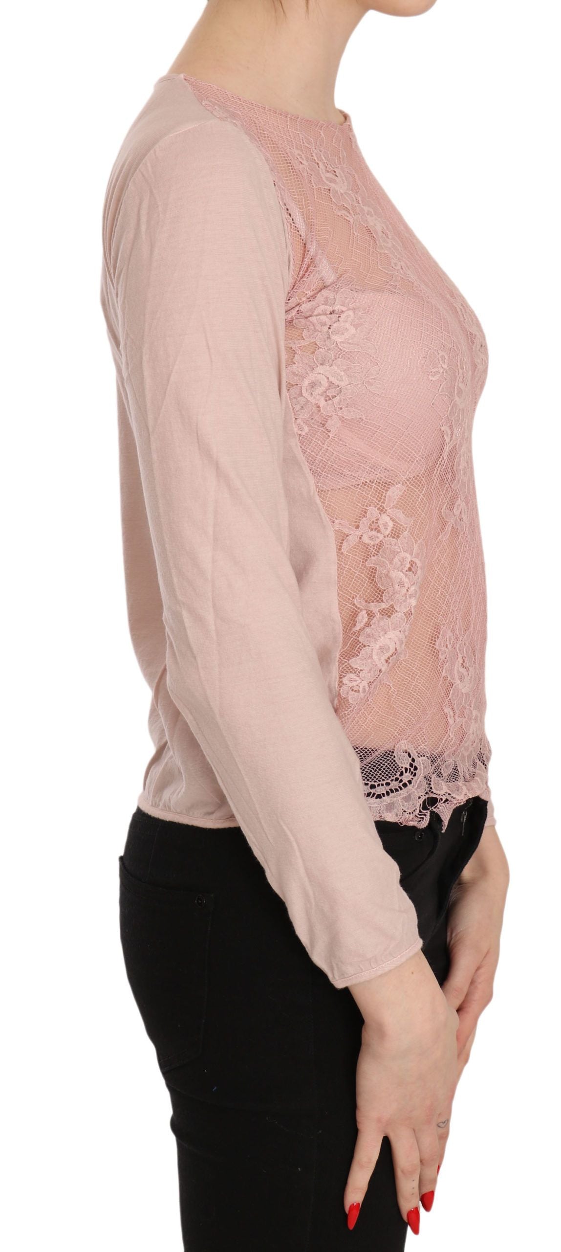 PINK MEMORIES Rosafarbene Bluse mit durchsichtiger Spitze und langen Ärmeln