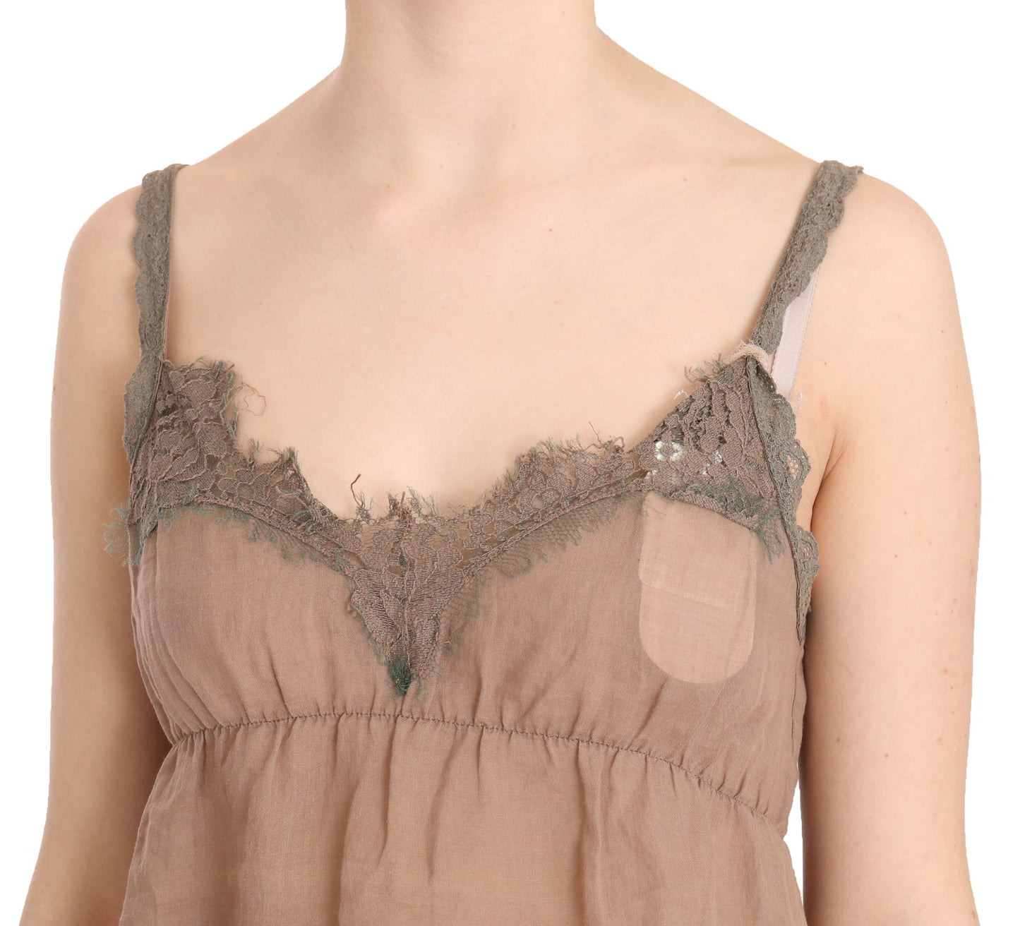 PINK MEMORIES Braune Bluse mit Spaghettiträgern und tiefem Ausschnitt aus Spitze
