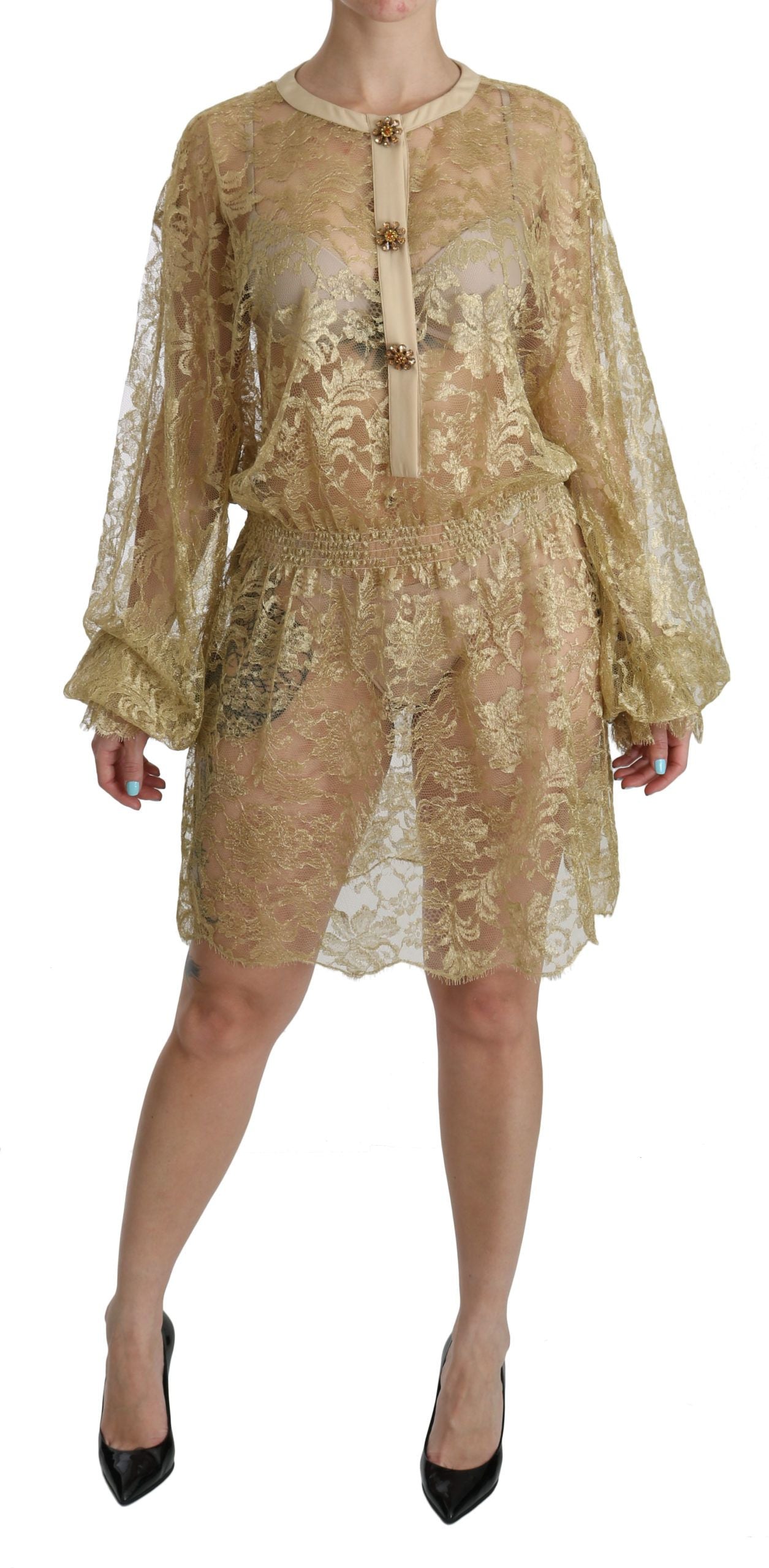 Dolce & Gabbana – Durchsichtiges A-Linien-Kleid in Knielänge mit goldener Spitze