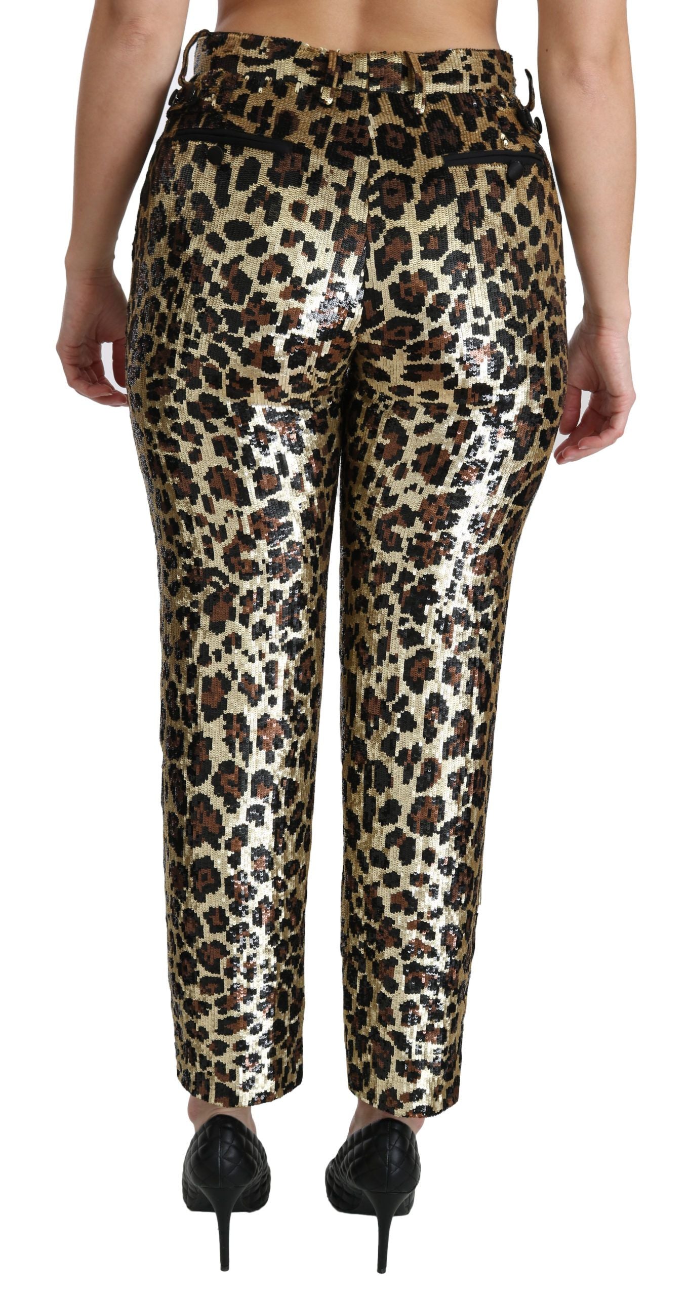 Dolce & Gabbana – Braune Hose mit hoher Taille und Leopardenmuster und Pailletten