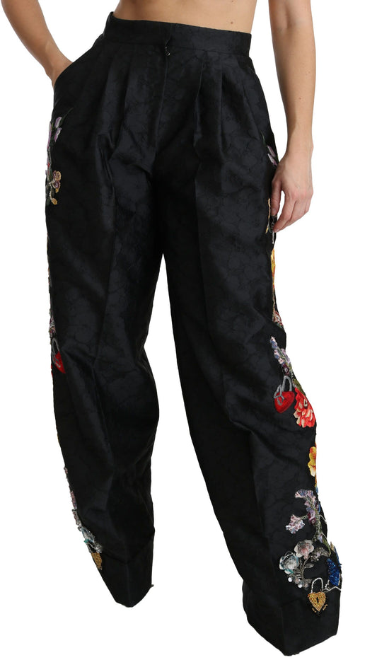 Dolce & Gabbana Schwarze Brokathose mit Blumenmuster und Pailletten