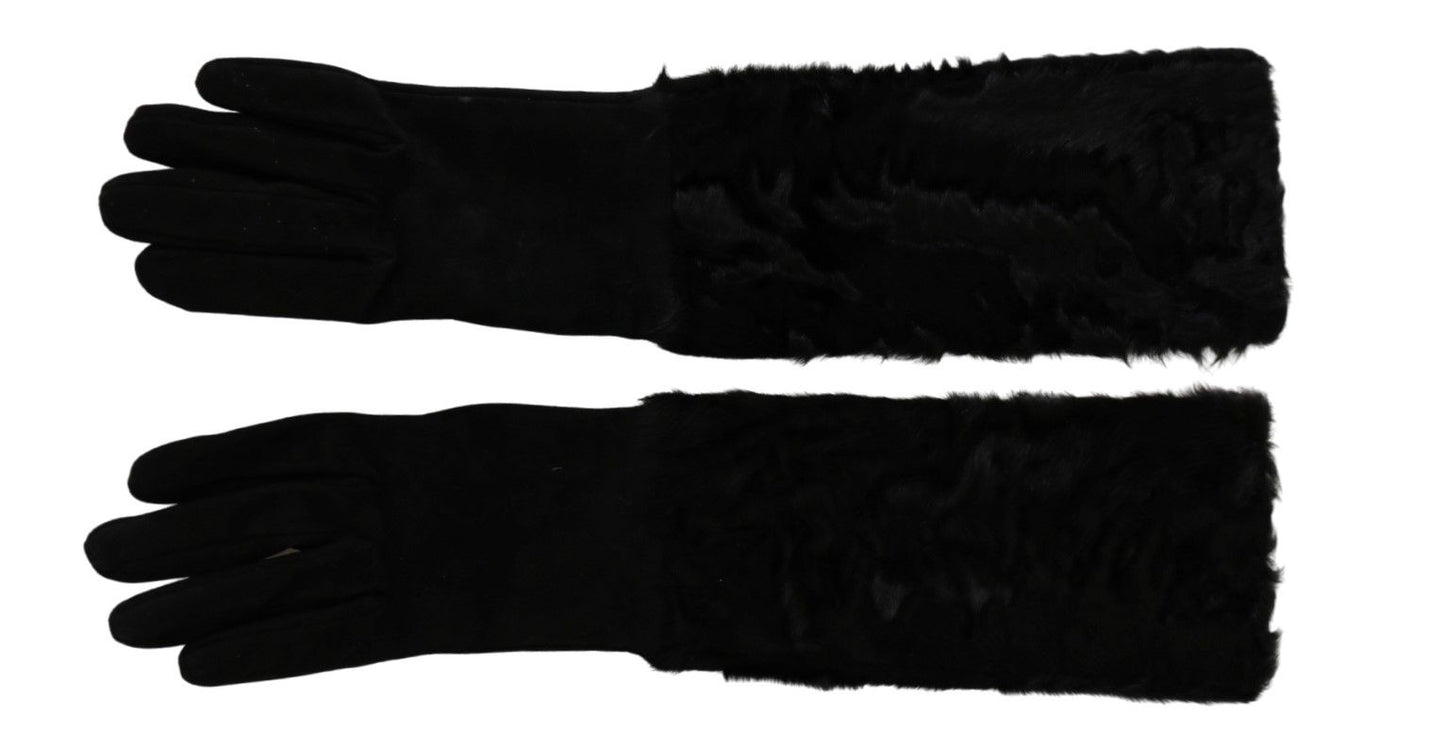Dolce & Gabbana – Schwarze, ellenbogenlange Fäustlinge aus Wildleder und Pelz