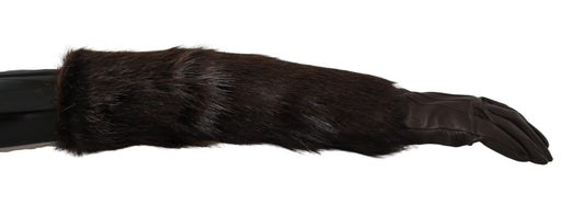 Dolce & Gabbana Braune, ellenbogenlange Fäustlinge aus Leder und Pelz