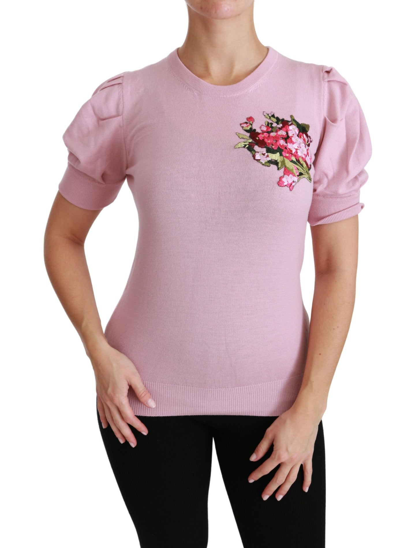 Dolce & Gabbana – Bluse aus Wolle mit rosa Blumenstickerei