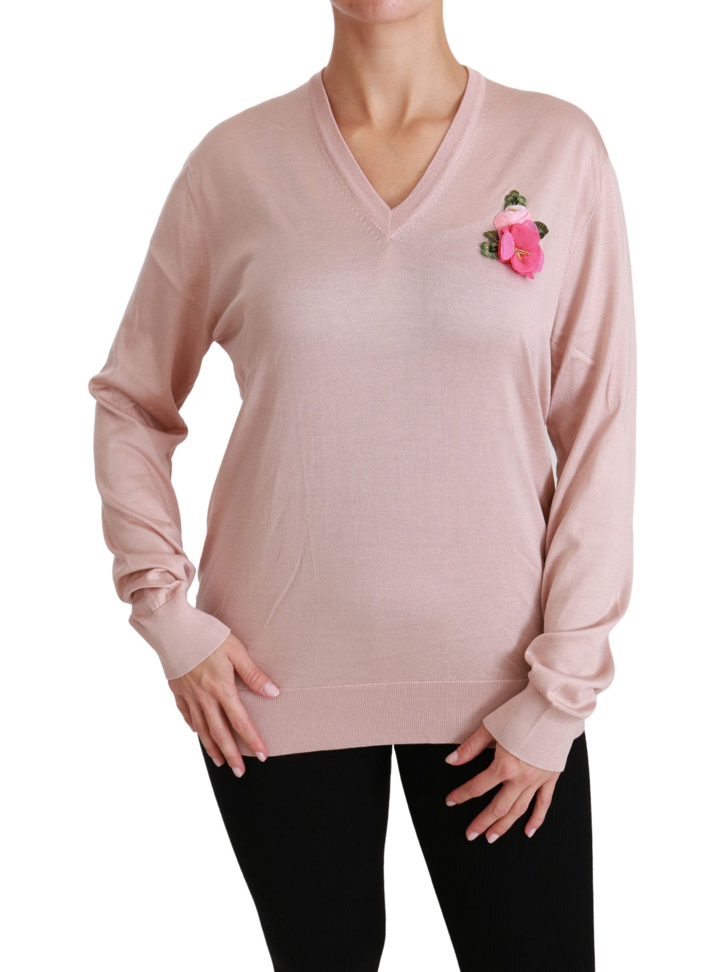 Dolce & Gabbana – Seidenpullover mit rosa Blumenverzierung