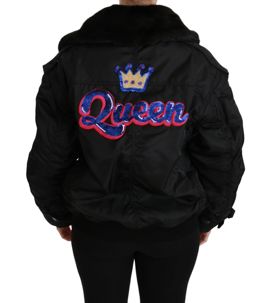 Dolce & Gabbana Schwarze Bomberjacke mit Pailletten und Queen Crown