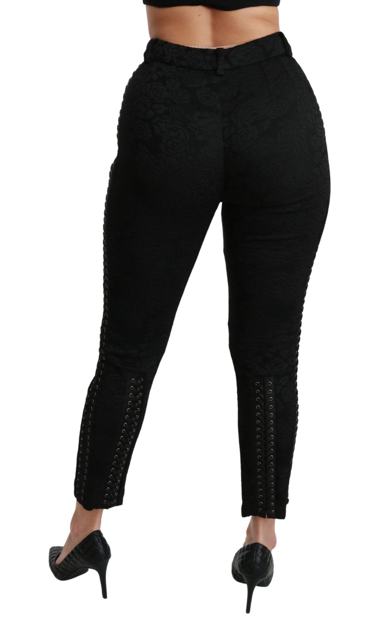 Dolce & Gabbana – Enge, hoch taillierte Hose aus schwarzem Brokat