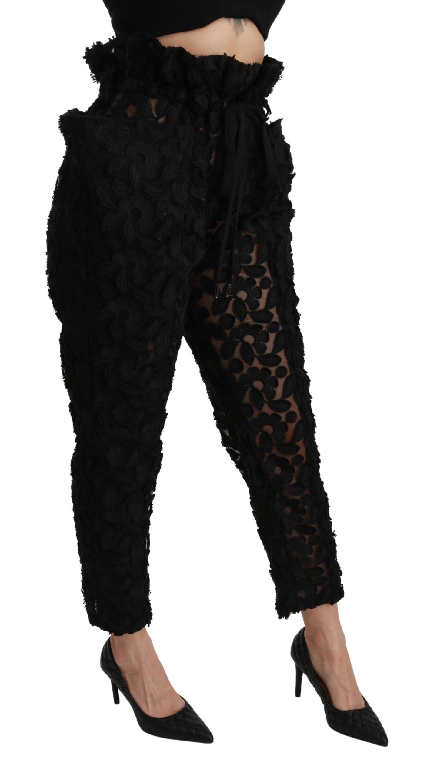 Dolce & Gabbana – Schwarze, konische Hose mit hoher Taille und Blumenspitze