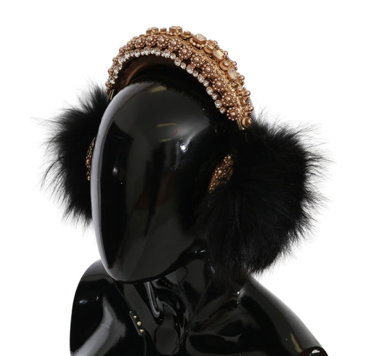 Dolce & Gabbana Gold Schwarz Crystal Fur Headset Audio Kopfhörer