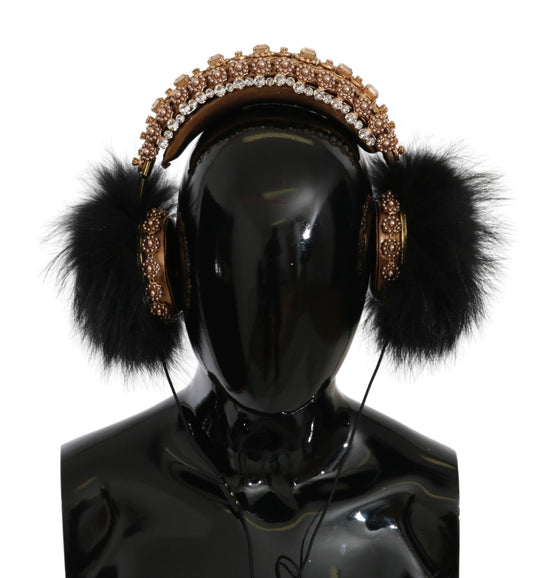 Dolce & Gabbana Gold Schwarz Crystal Fur Headset Audio Kopfhörer