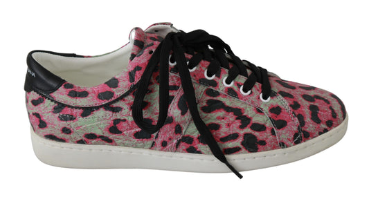 Dolce & Gabbana – Rosa, flache Trainings-Sneaker aus Leder mit Leopardenmuster