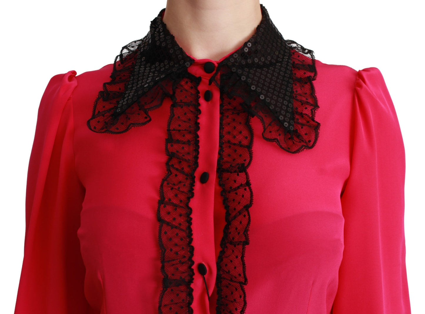 Dolce & Gabbana – Hemdbluse aus rosa Seide und schwarzer Paillettenspitze