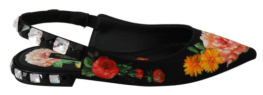 Dolce & Gabbana – Schwarze Slingback-Schuhe mit Blumenmuster und Kristallen