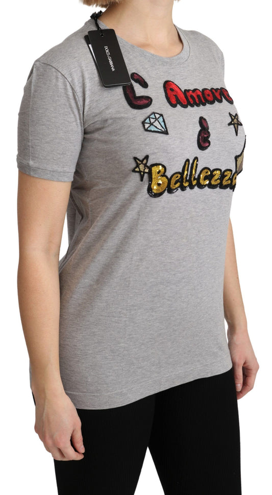 Dolce & Gabbana Graues Amore e Bellezza Top-T-Shirt aus Baumwolle
