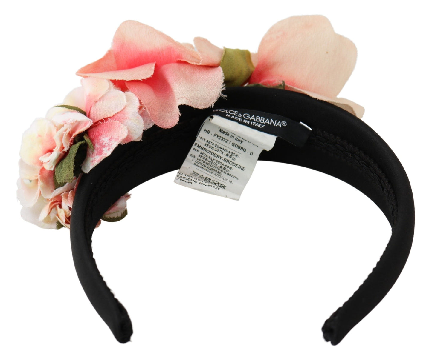 Dolce & Gabbana Rosa Seiden-Stirnband mit schwarzem Blumenmuster und Logo-Diadem