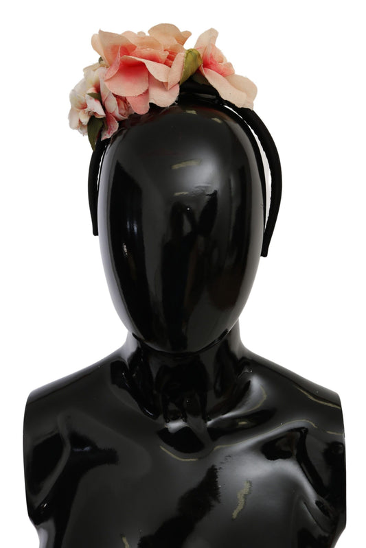 Dolce & Gabbana Rosa Seiden-Stirnband mit schwarzem Blumenmuster und Logo-Diadem