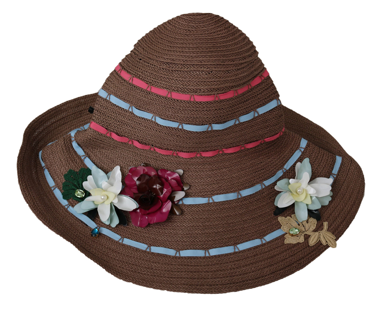 Dolce & Gabbana – Braune Schlapphut aus Stroh mit Blumenmuster und breiter Krempe