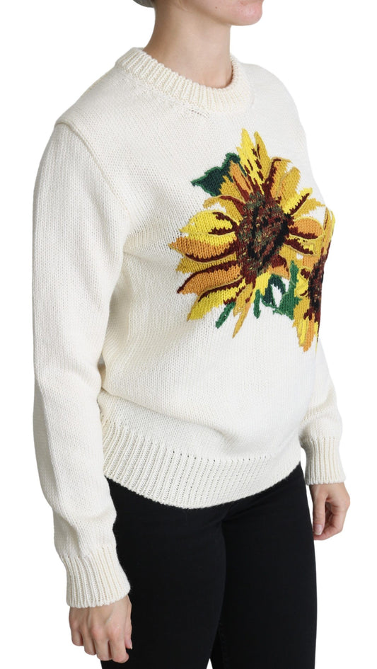 Dolce & Gabbana – Weißer Wollpullover mit Blumenmuster und Sonnenblumenmuster