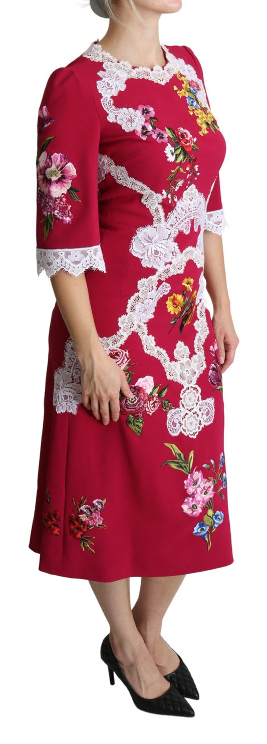 Dolce & Gabbana – Rotes Midi-Etuikleid mit Blumenstickerei