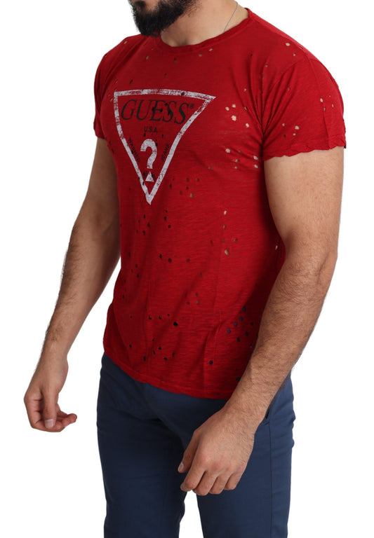Guess – Rotes, perforiertes T-Shirt aus Baumwolle mit Logo-Print für Herren