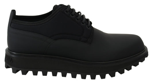 Dolce & Gabbana – Schwarze, gummierte Derby-Vulcano-Schuhe aus Kalbsleder