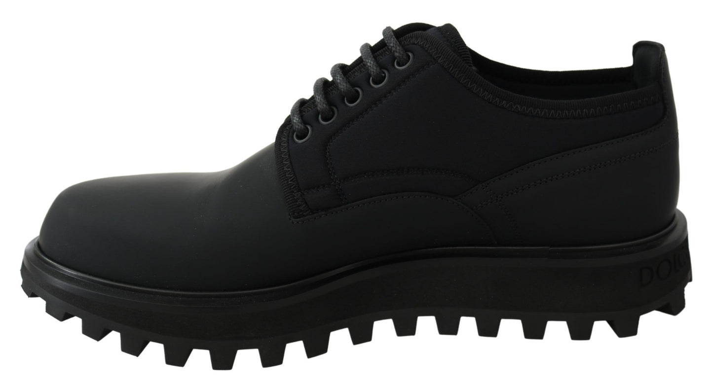 Dolce & Gabbana – Schwarze, gummierte Derby-Vulcano-Schuhe aus Kalbsleder