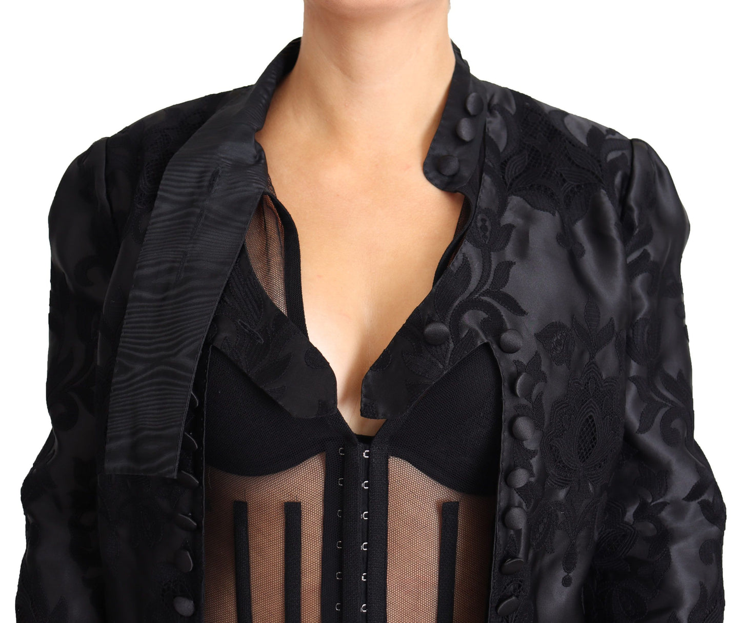 Dolce & Gabbana – Schwarze, transparente Korsettjacke aus Organza-Seide mit Spitze