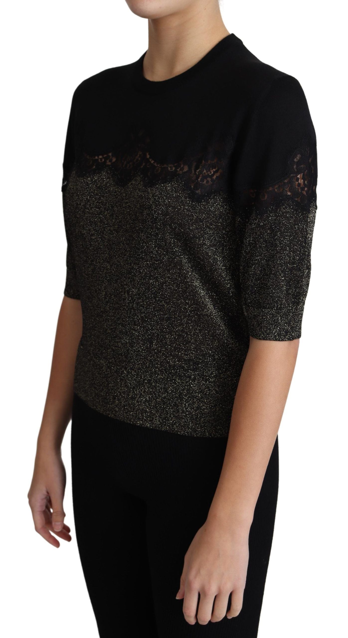 Dolce & Gabbana – Schwarzes Pullover-Oberteil mit glänzendem Lurex-Spitzeneinsatz