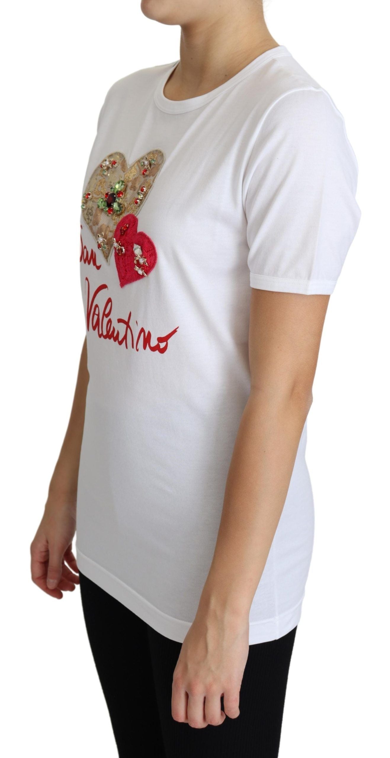 Dolce & Gabbana – Weißes T-Shirt-Oberteil „San Valentino“ mit Herzkristallen